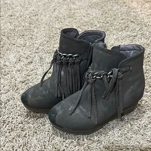 Gray Fringe Ankle Boots with Chain Detail